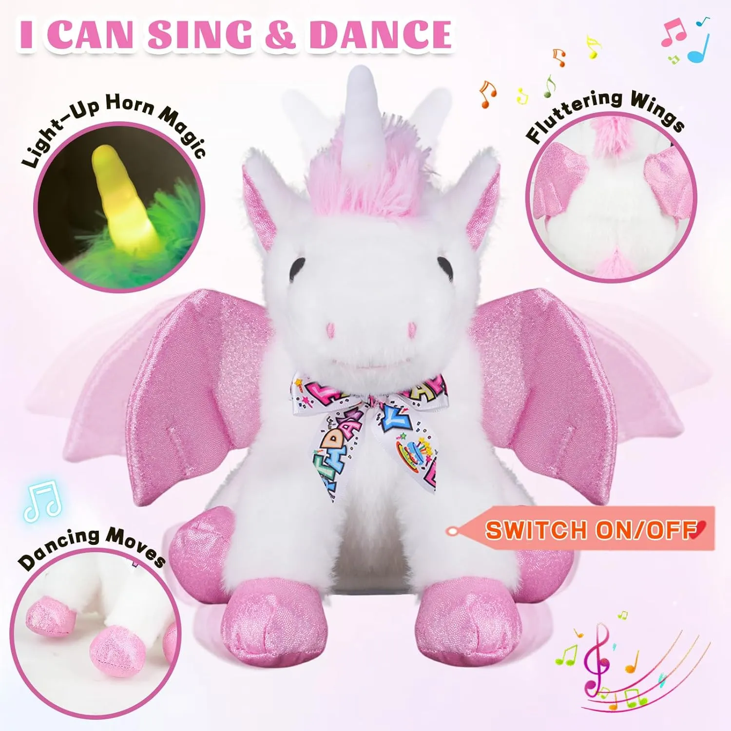 Happy Birthday Gifts Unicorn Plush Toy The Cormers Glowing Singing Happy Birthday Song,Unicorn Stuffed Animal with Moving Wings,Party Gift for Toddlers Boys Girls Kids, 11" Pink