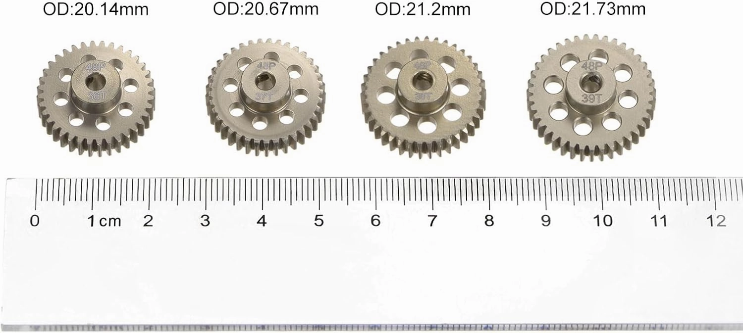 HARFINGTON 48P Hardened Pinion Motor Gear Set 4pcs 36T 37T 38T 39T Fit 1/8 inch RC Motor Shaft 48 Pitch 7075 Aluminum Gears for RC Car, with Hex Key