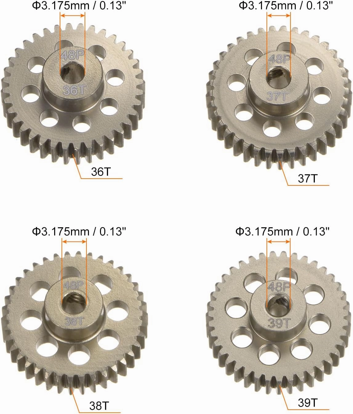 HARFINGTON 48P Hardened Pinion Motor Gear Set 4pcs 36T 37T 38T 39T Fit 1/8 inch RC Motor Shaft 48 Pitch 7075 Aluminum Gears for RC Car, with Hex Key