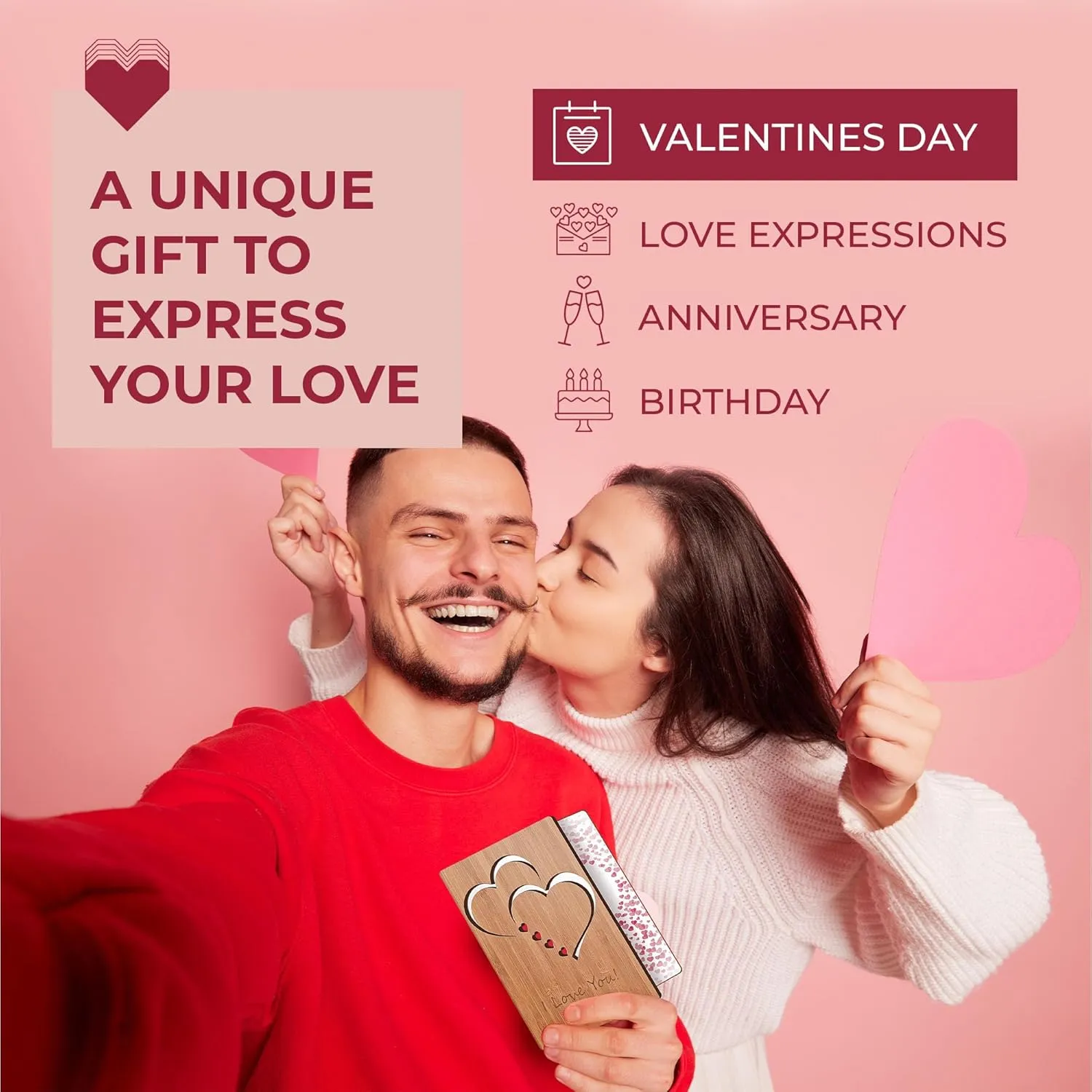 HeartSpace Cards Love & Valentine Card, Handmade Bamboo Valentine's Cards, Valentines Day Cards for Her, Wife, Adults,Valentines Day Card Wife, Valentines Gifts, Valentine Day Gift Him, Classic Hearts