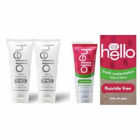 hello Mighty Multitasker Fluoride Toothpaste 2 Pack and hello Kids Natural Watermelon Fluoride Free Toothpaste