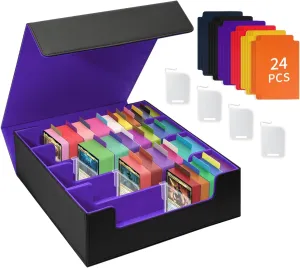 HESTECH Trading Card Box, 3000  Card Capacity, Magnetic Card Case with 4 Card Supports & 24 Dividers, Organizer for MTG TCG & Sports Cards (Black Purple)
