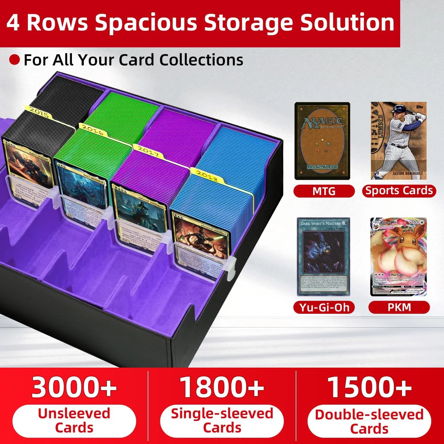HESTECH Trading Card Box, 3000  Card Capacity, Magnetic Card Case with 4 Card Supports & 24 Dividers, Organizer for MTG TCG & Sports Cards (Black Purple)