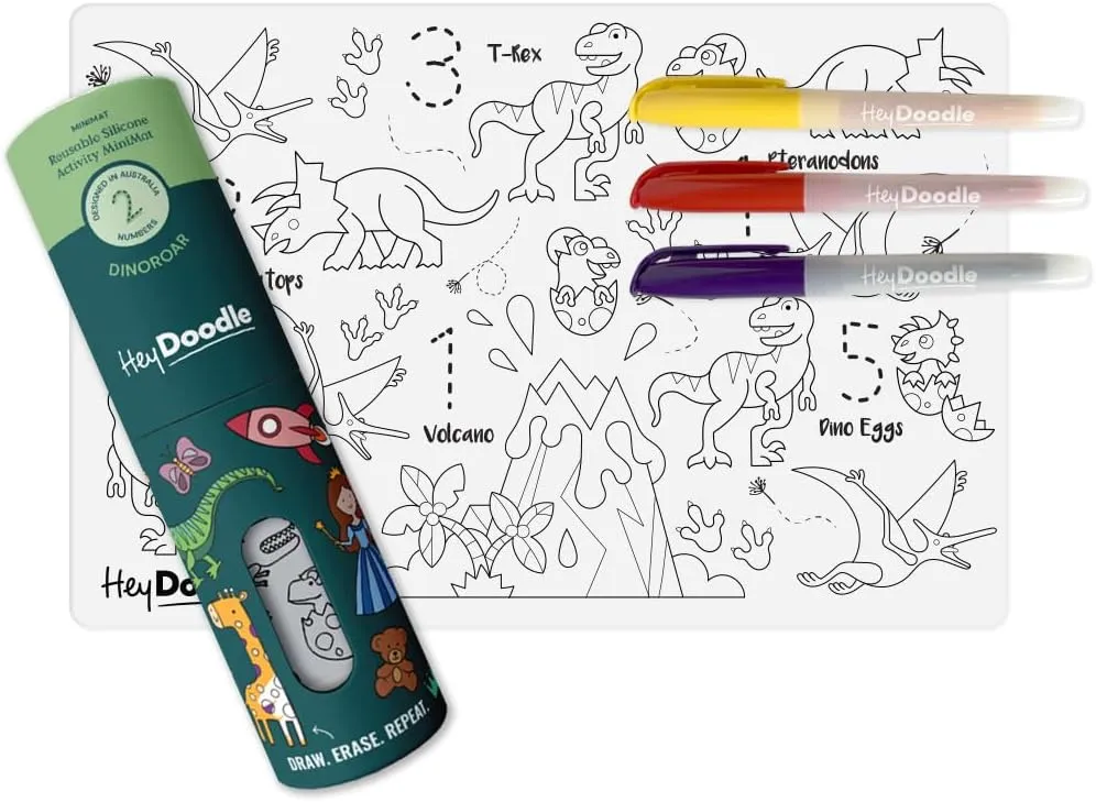 Hey Doodle DinoRoar Mini – Reusable Silicone Drawing Mat for Toddlers and Kids – Educational Dinosaur Activity Pad with 3 Markers – Mess-Free Travel Toy – Ages 3-7