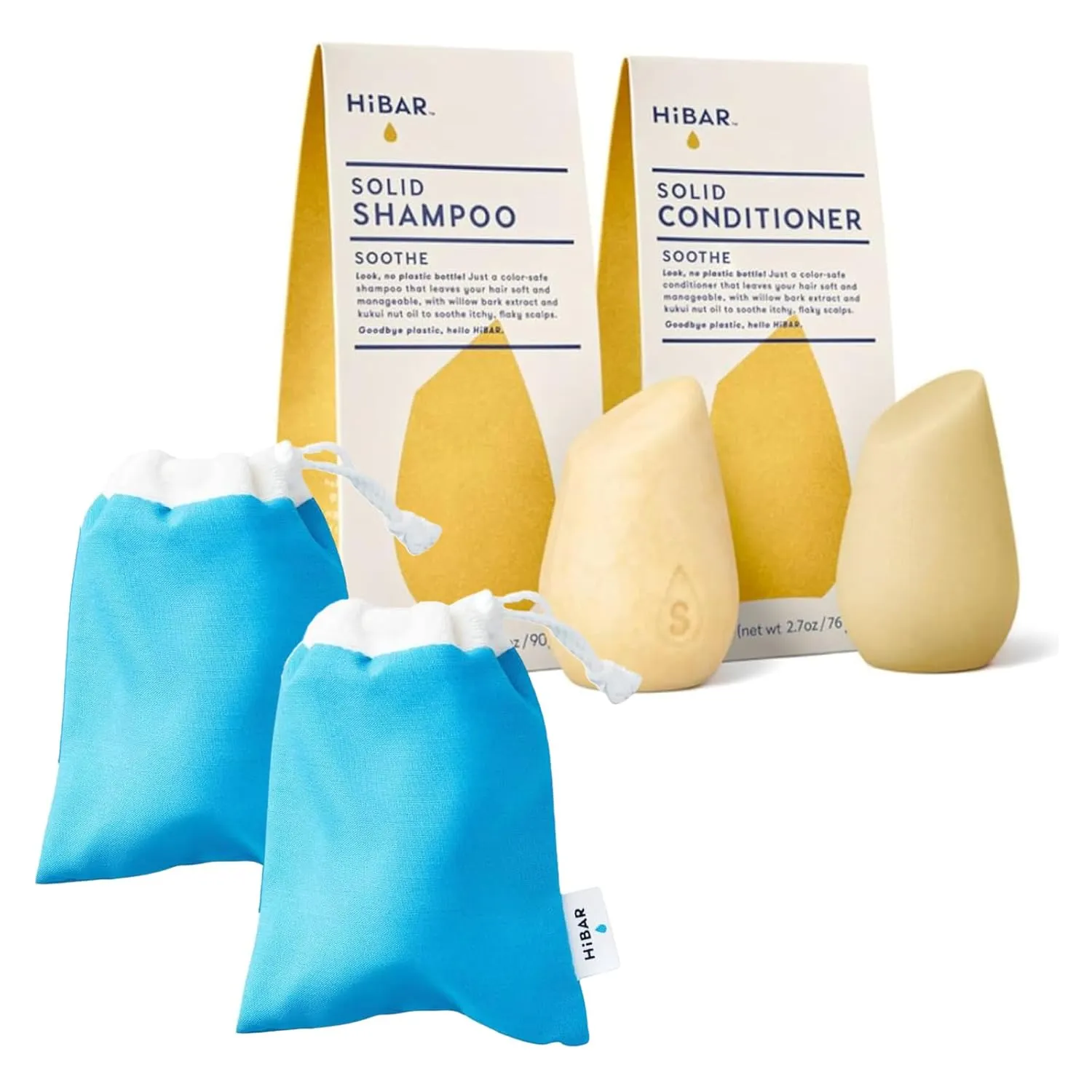 HiBAR Bundle - Soothe Shampoo & Conditioner Set   Travel Pouch - For Dry, Itchy, Flaky Scalps - Willow Bark Extract & Salicylic Acid - Plastic, Soap, Paraben & Sulfate-Free -Color Safe -2 Solid Bars
