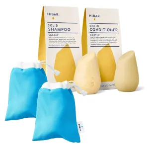 HiBAR Bundle - Soothe Shampoo & Conditioner Set   Travel Pouch - For Dry, Itchy, Flaky Scalps - Willow Bark Extract & Salicylic Acid - Plastic, Soap, Paraben & Sulfate-Free -Color Safe -2 Solid Bars