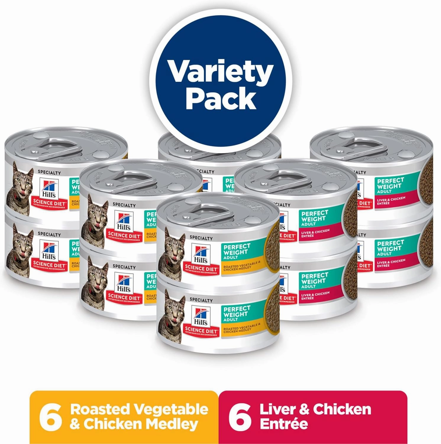 Hill's Science Diet Perfect Weight, Adult 1-6, Weight Management Support, Wet Cat Food, Variety Pack: Liver & Chicken Minced; Chicken Stew, 2.9 oz. Cans, Case of 12
