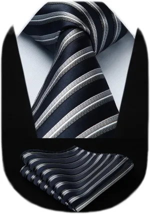 HISDERN Stripe Tie Mens Ties with Pocket Square Set Classic 3.4'' Silk Formal Necktie Handkerchief for Business Wedding