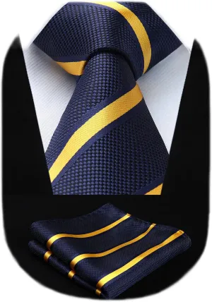 HISDERN Stripe Tie Mens Ties with Pocket Square Set Classic 3.4'' Silk Formal Necktie Handkerchief for Business Wedding