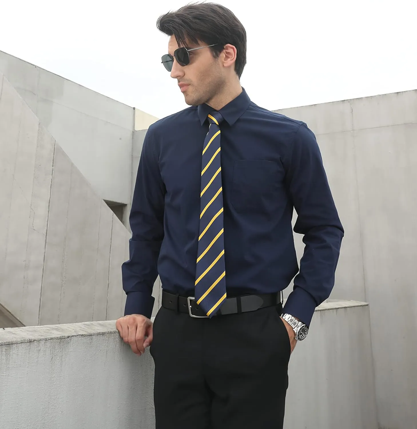 HISDERN Stripe Tie Mens Ties with Pocket Square Set Classic 3.4'' Silk Formal Necktie Handkerchief for Business Wedding