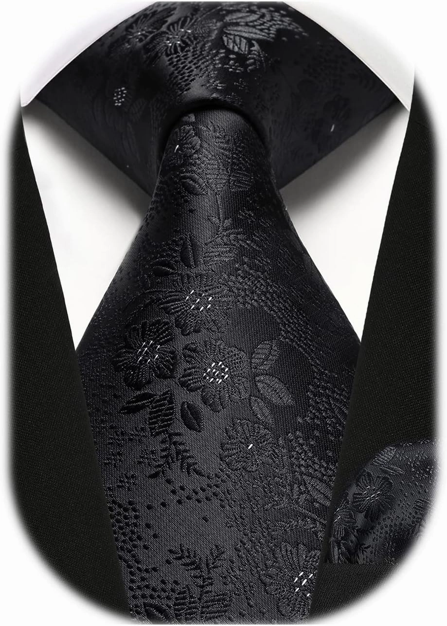 HISDERN Men Floral Ties Woven Classic 3.4" Necktie Set Formal tie Pocket Square for Wedding with Handkerchief Gift Box