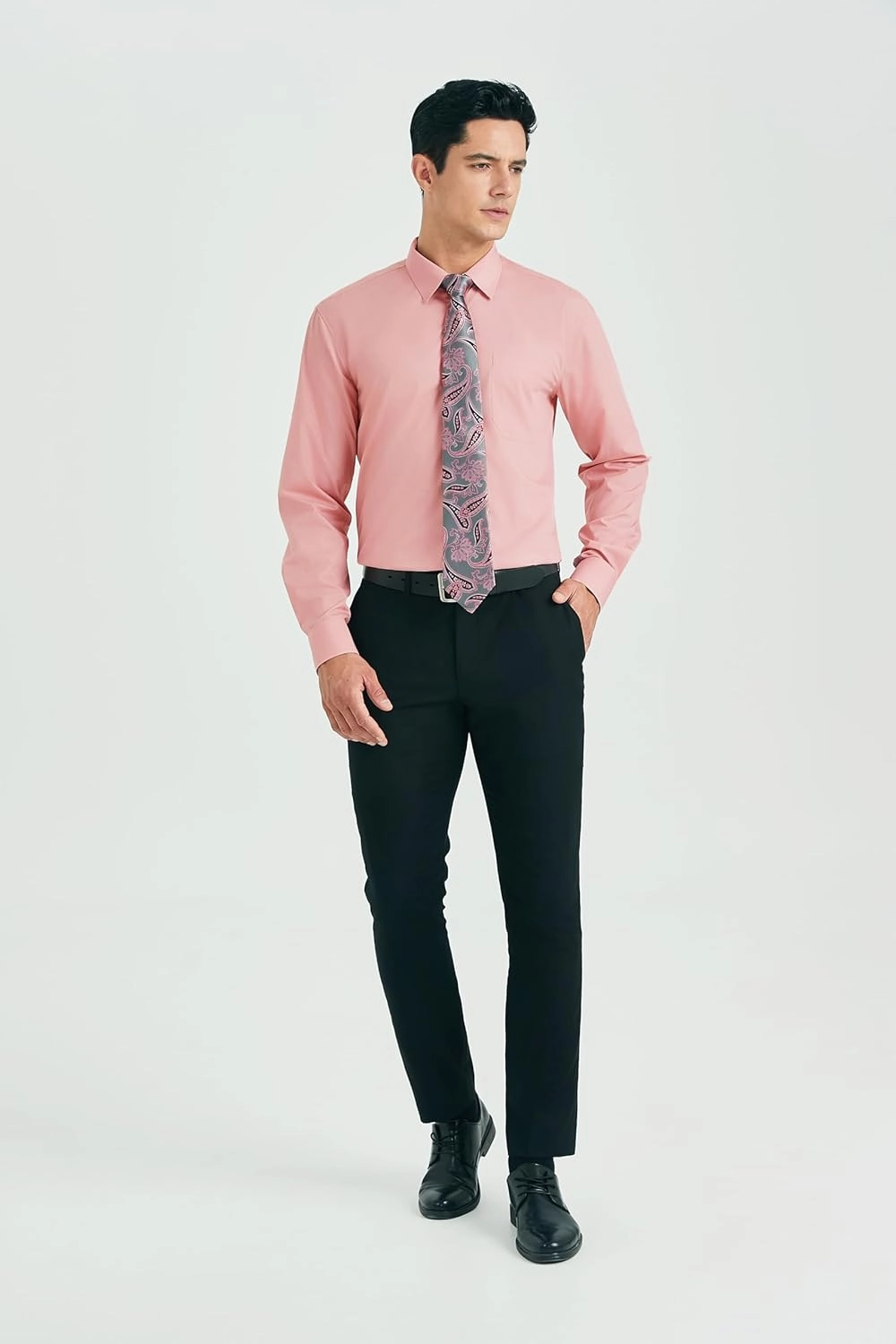 HISDERN Mens Dress Shirt with Tie Pocket Square Set Classic Button Down Shirt Matching Tie Long Sleeve Shirts