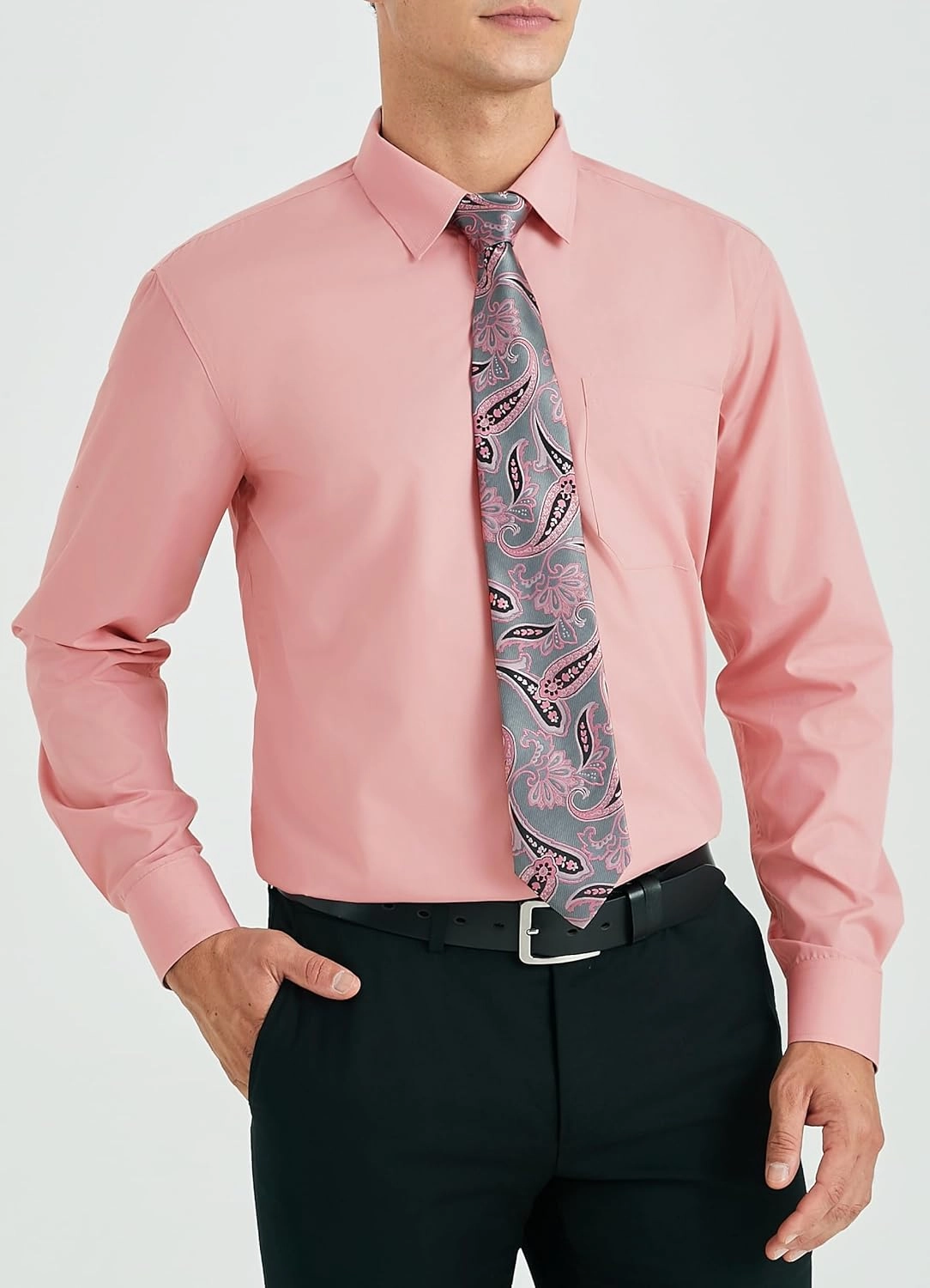 HISDERN Mens Dress Shirt with Tie Pocket Square Set Classic Button Down Shirt Matching Tie Long Sleeve Shirts