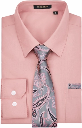 HISDERN Mens Dress Shirt with Tie Pocket Square Set Classic Button Down Shirt Matching Tie Long Sleeve Shirts