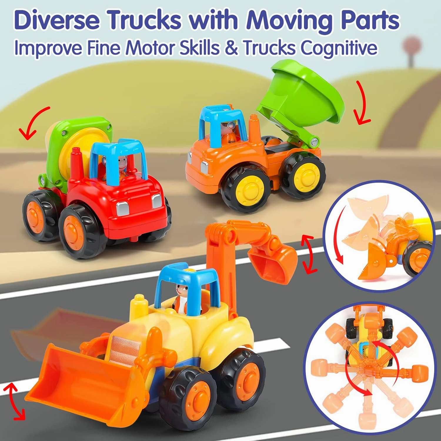 HOLA Toys for 1 2 Year Old Boy Birthday Gift - 4 PCS Toy Trucks Toddler Boy Toys, 4WD Friction Power Car Toys, Toddler Toys 1-2 Early Educational Christmas Easter Stocking Stuffers