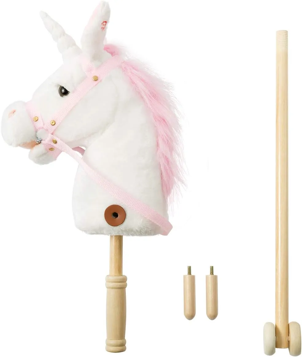 HollyHOME Plush Unicorn Stick Horse with Wood Wheels Real Pony Neighing and Galloping Sounds Plush Toy White 37 Inches(AA Batteries Required)