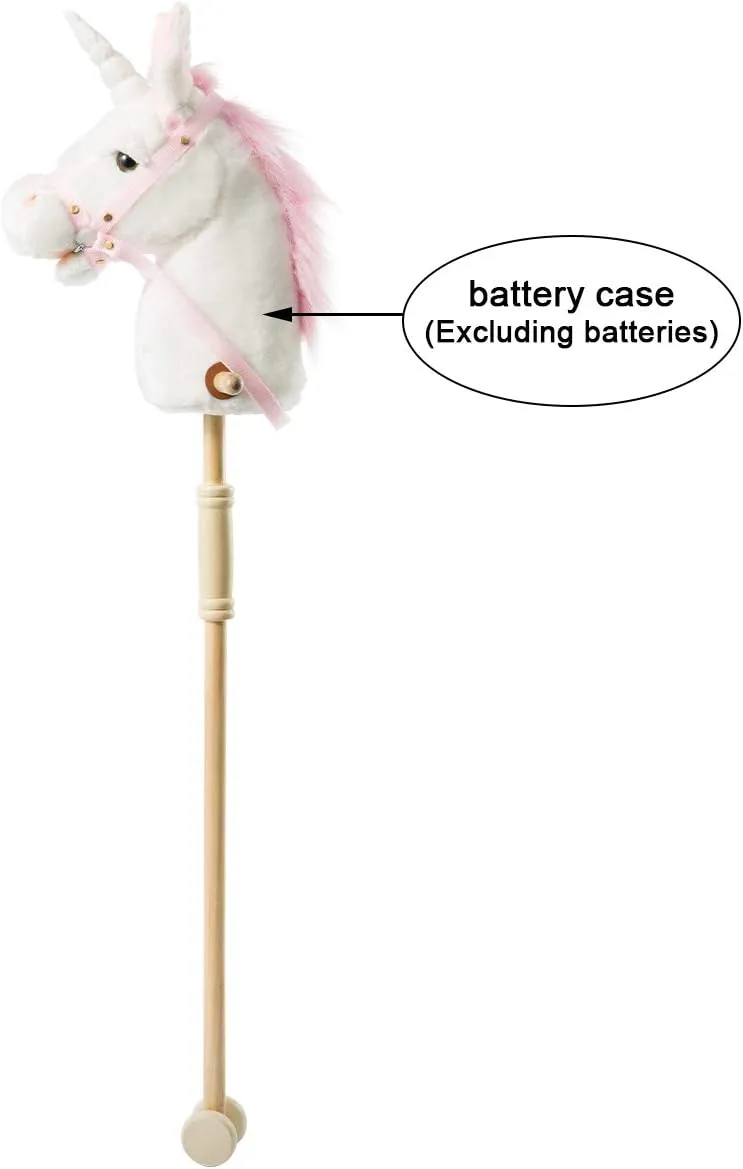 HollyHOME Plush Unicorn Stick Horse with Wood Wheels Real Pony Neighing and Galloping Sounds Plush Toy White 37 Inches(AA Batteries Required)