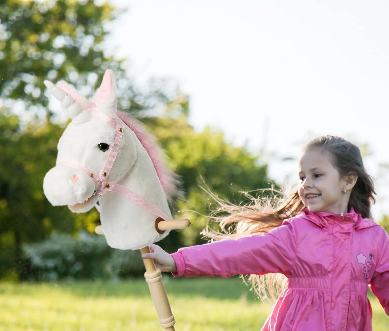 HollyHOME Plush Unicorn Stick Horse with Wood Wheels Real Pony Neighing and Galloping Sounds Plush Toy White 37 Inches(AA Batteries Required)