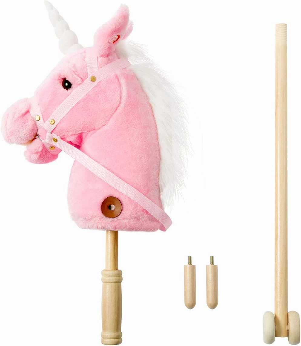 HollyHOME Plush Unicorn Stick Horse with Wood Wheels Real Pony Neighing and Galloping Sounds Plush Toy Pink 37 Inches(AA Batteries Required)