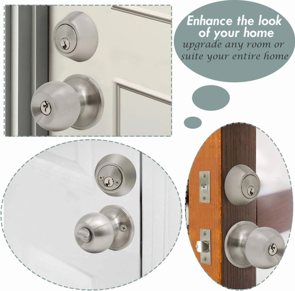 home improvement direct 6 Pack Keyed Alike Entry Door Knobs/Keyed Door Lock, Double Cylinder Keyed Deadbolt with Matching Round Style Knob, Classic Satin Nickel Finish, Door Hardware & Lock