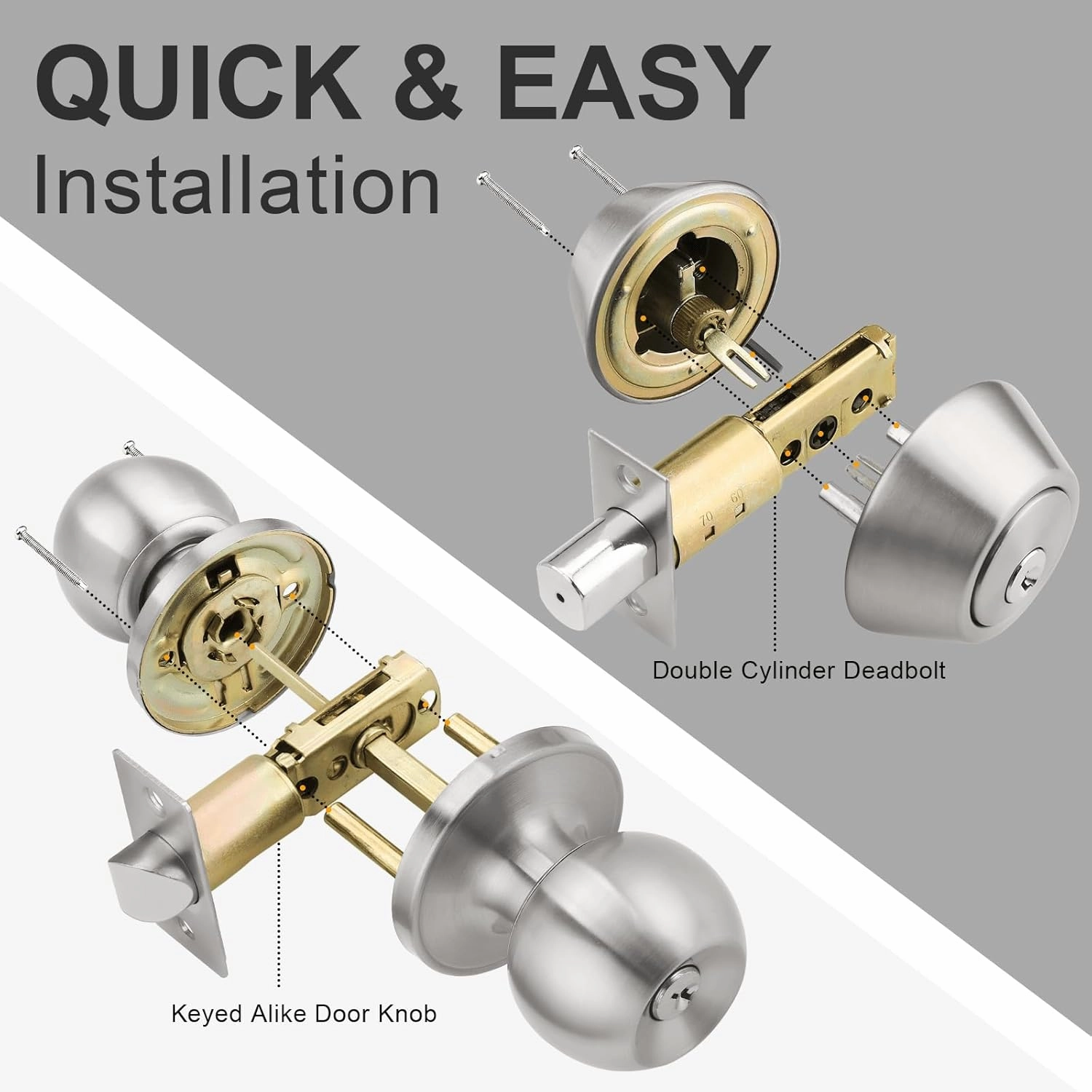 home improvement direct 6 Pack Keyed Alike Entry Door Knobs/Keyed Door Lock, Double Cylinder Keyed Deadbolt with Matching Round Style Knob, Classic Satin Nickel Finish, Door Hardware & Lock