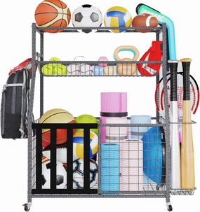 HOMREST Sports Equipment Storage, Ball Storage, Ball Holder, Garage Sports Organizer with Basket and Hooks, Rolling Sports Ball Storage with Wheels for Toy Sports Gear Storage, Black