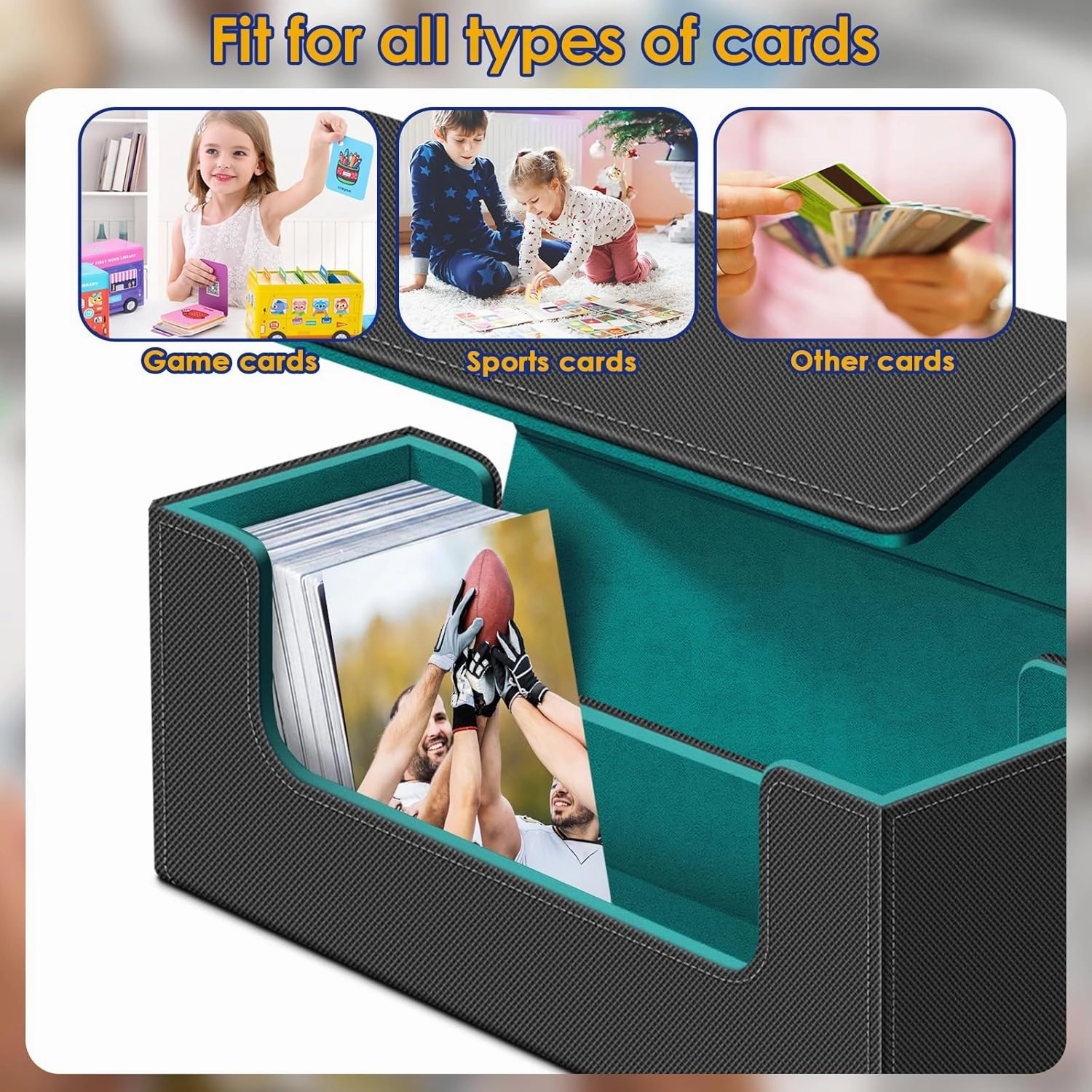 Homthy 600 Card Deck Case for Trading Cards, Leather Magnetic Closure Commander Storage Box Fit for Sports Cards, Game Card Standard Cards (Cyan)