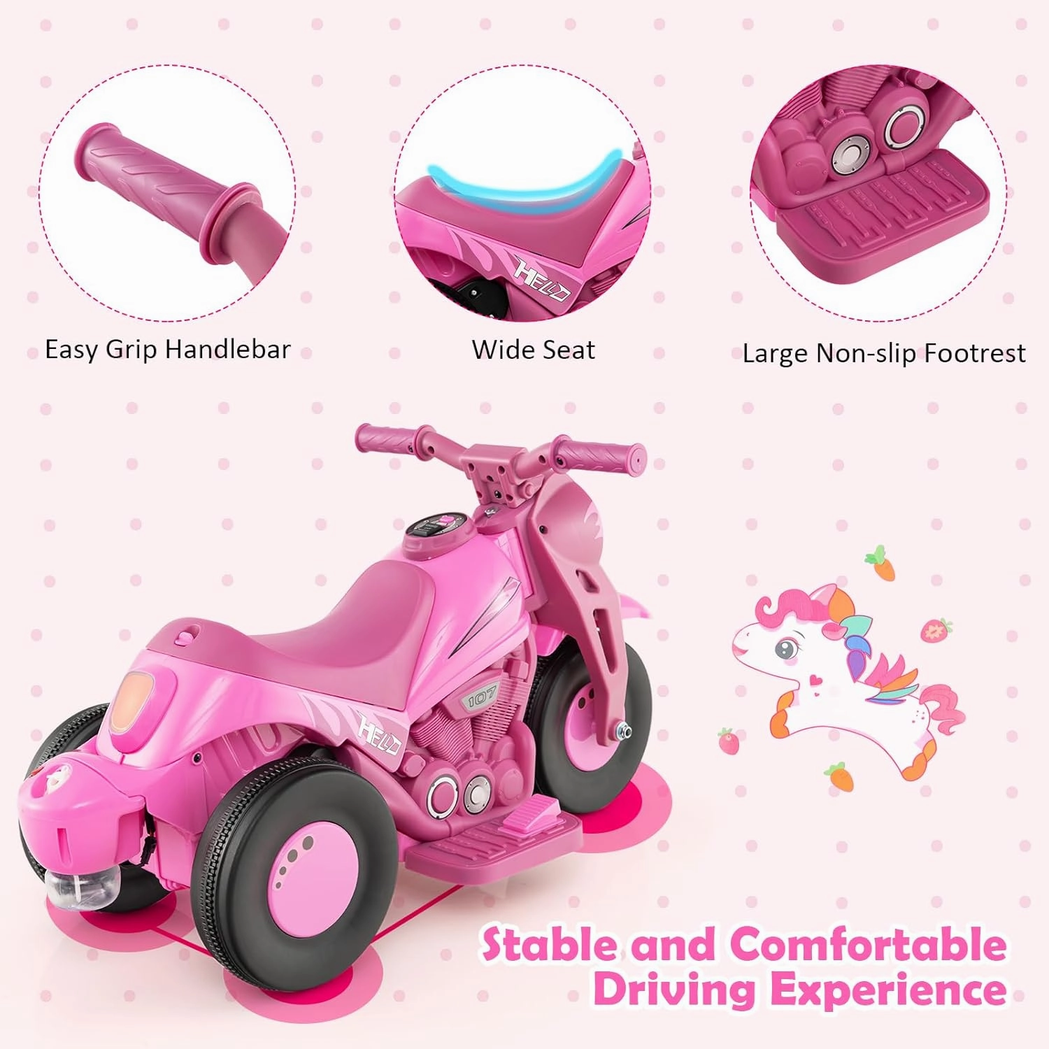 HONEY JOY Pink Ride On Motorcycle, 6V Toddler Motorcycle with Bubble Maker, LED Light, Music, Foot Pedal, Forward/Backward, 3-Wheel Battery Powered Electric Motorcycle for Kids, Gift for Boys Girls