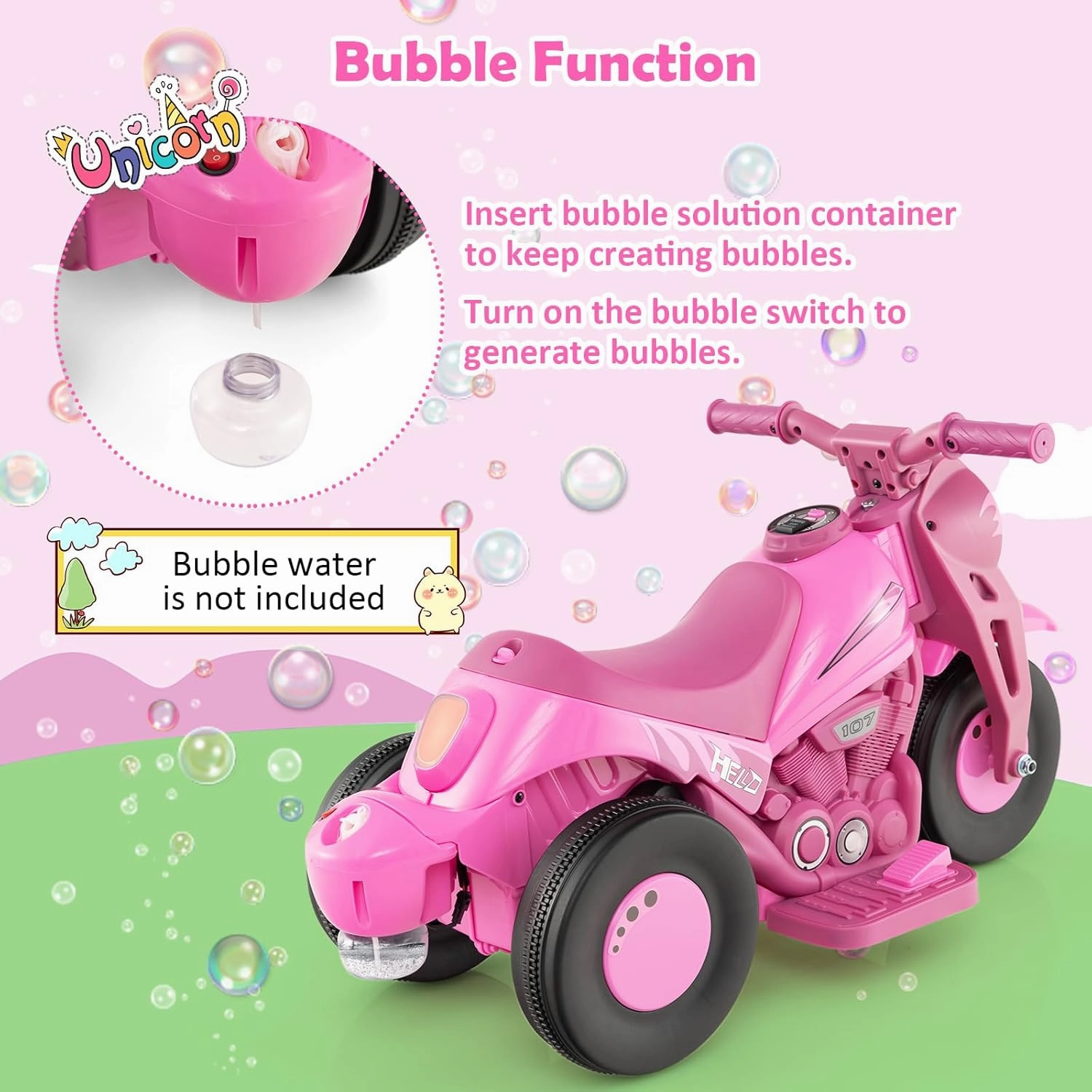 HONEY JOY Pink Ride On Motorcycle, 6V Toddler Motorcycle with Bubble Maker, LED Light, Music, Foot Pedal, Forward/Backward, 3-Wheel Battery Powered Electric Motorcycle for Kids, Gift for Boys Girls