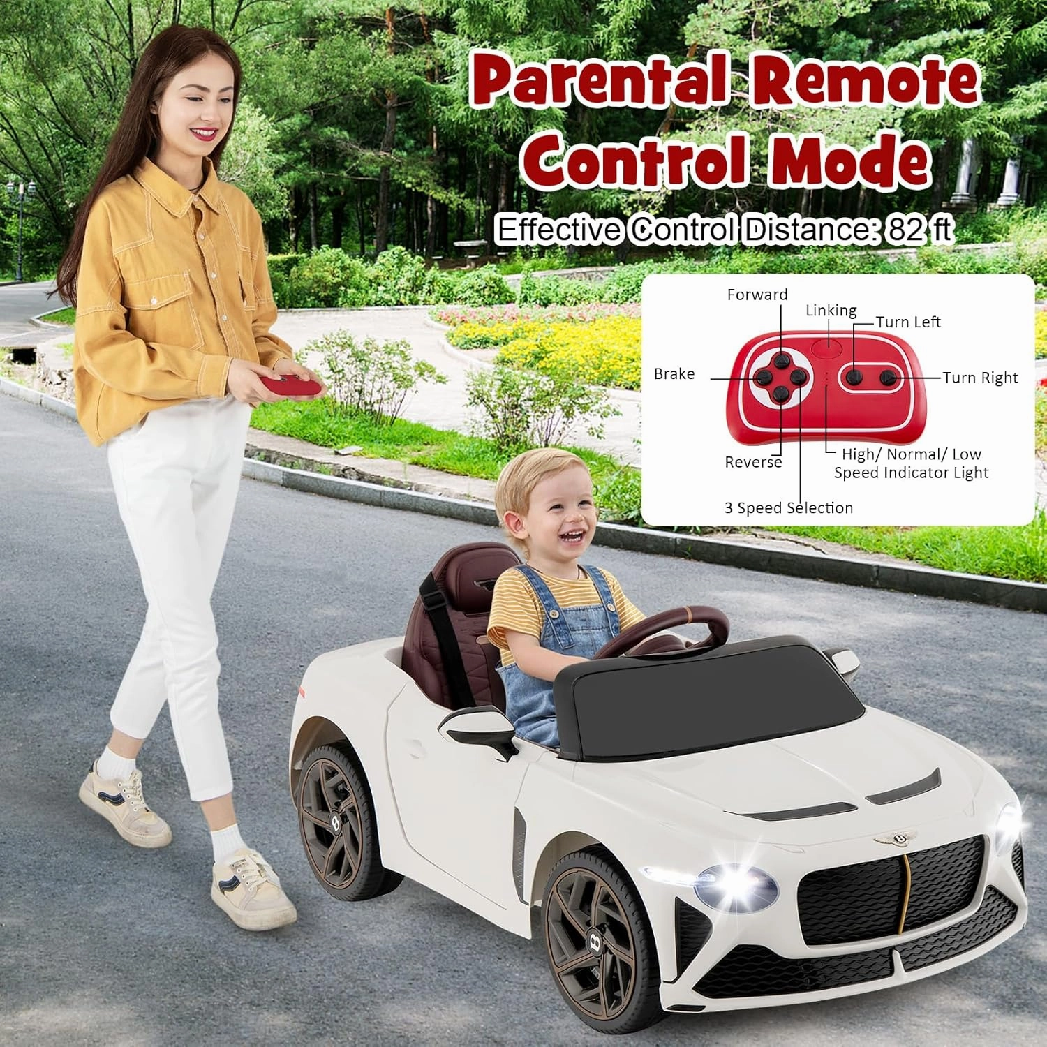 HONEY JOY Ride On Car, 12V Licensed Bentley Electric Vehicle for Kids, Spring Suspension, LED Lights, Horn, High/Low Speed, Battery Powered Ride On Toy Car w/Remote Control (White)