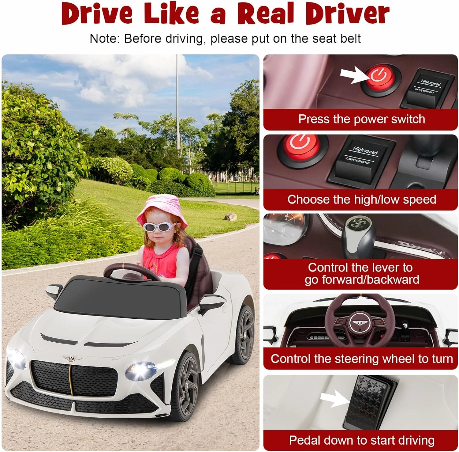 HONEY JOY Ride On Car, 12V Licensed Bentley Electric Vehicle for Kids, Spring Suspension, LED Lights, Horn, High/Low Speed, Battery Powered Ride On Toy Car w/Remote Control (White)