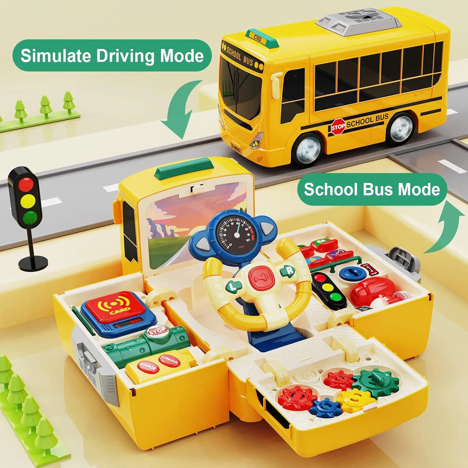 HONGTUO School Bus Toy with Sound and Light, Simulation Steering Wheel, Toddlers School Bus with Music Education, Gift for 1-3-5 Boys & Girls
