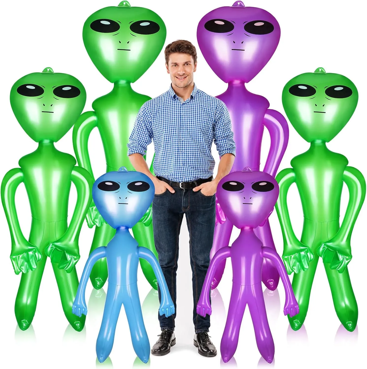 Honoson 6 Pcs Giant Inflate Alien, 67 inch 35 Inch 18 Inch Jumbo Alien Blow up Alien Balloons Inflatable Alien Doll Toy for Halloween Birthday Alien Theme Party Decor Supplies (Green, Purple, Blue)