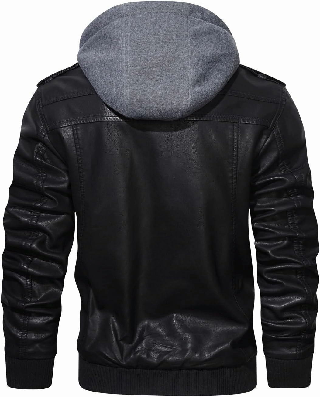 HOOD CREW Men’s Casual Stand Collar PU Faux Leather Zip-Up Motorcycle Bomber Jacket With a Removable Hood