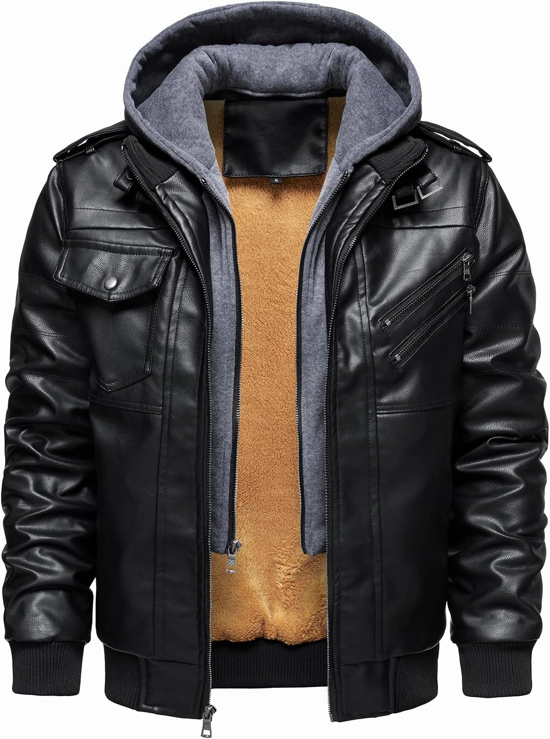 HOOD CREW Men’s Casual Stand Collar PU Faux Leather Zip-Up Motorcycle Bomber Jacket With a Removable Hood
