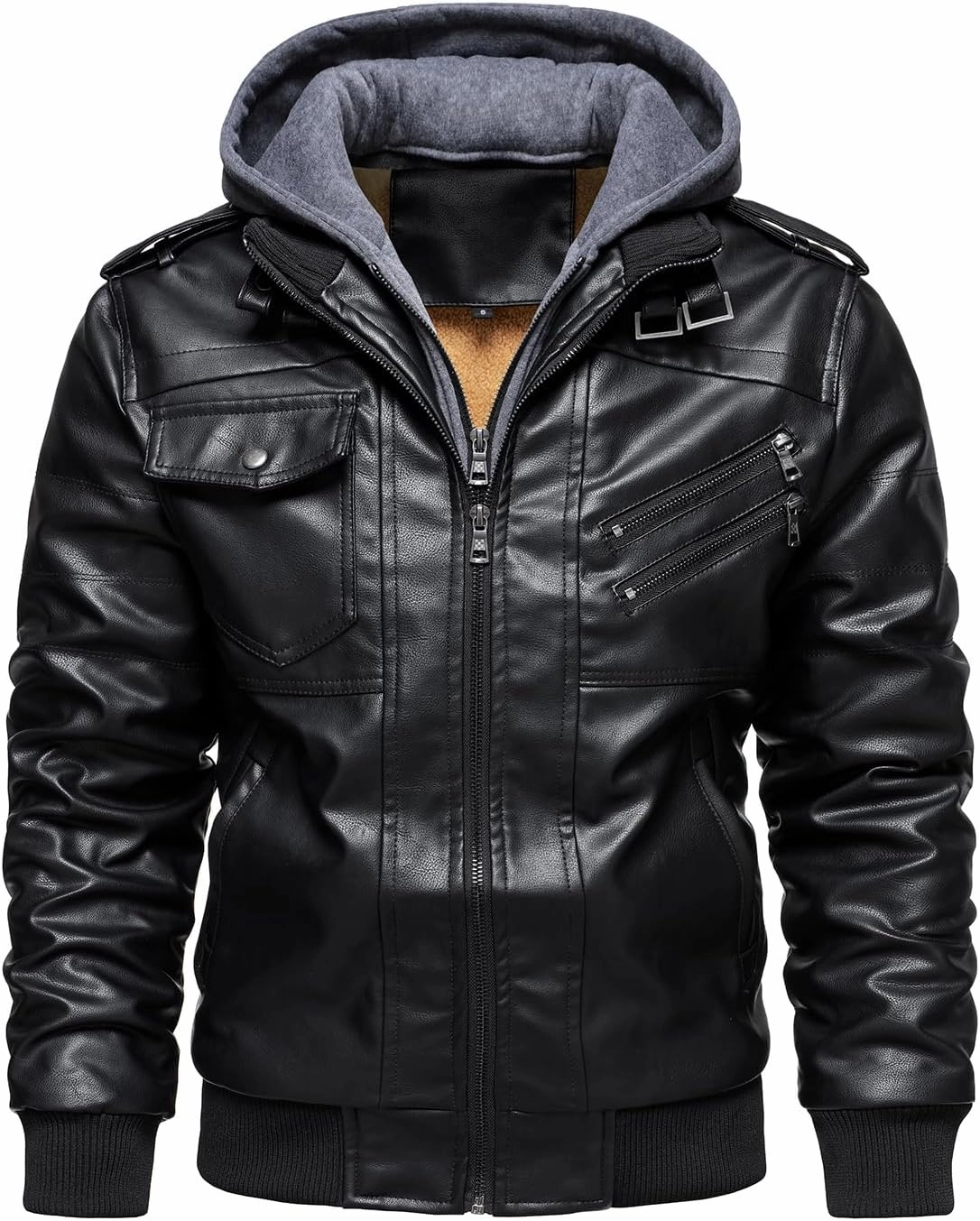 HOOD CREW Men’s Casual Stand Collar PU Faux Leather Zip-Up Motorcycle Bomber Jacket With a Removable Hood