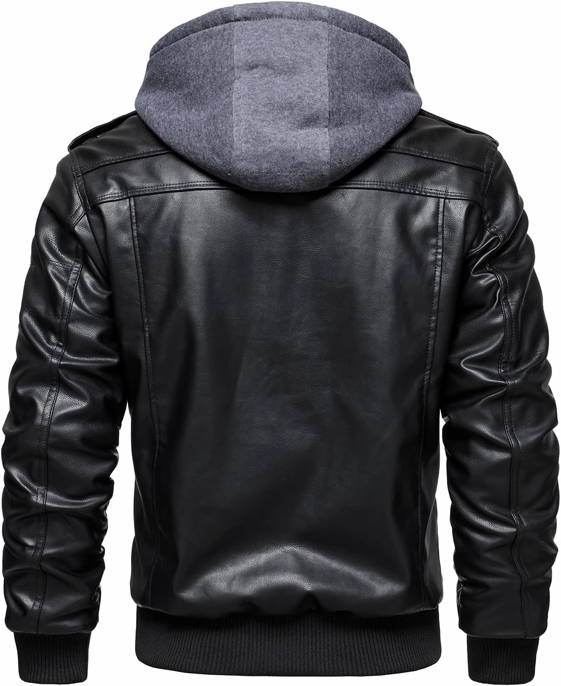 HOOD CREW Men’s Casual Stand Collar PU Faux Leather Zip-Up Motorcycle Bomber Jacket With a Removable Hood