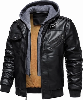 HOOD CREW Men’s Casual Stand Collar PU Faux Leather Zip-Up Motorcycle Bomber Jacket With a Removable Hood