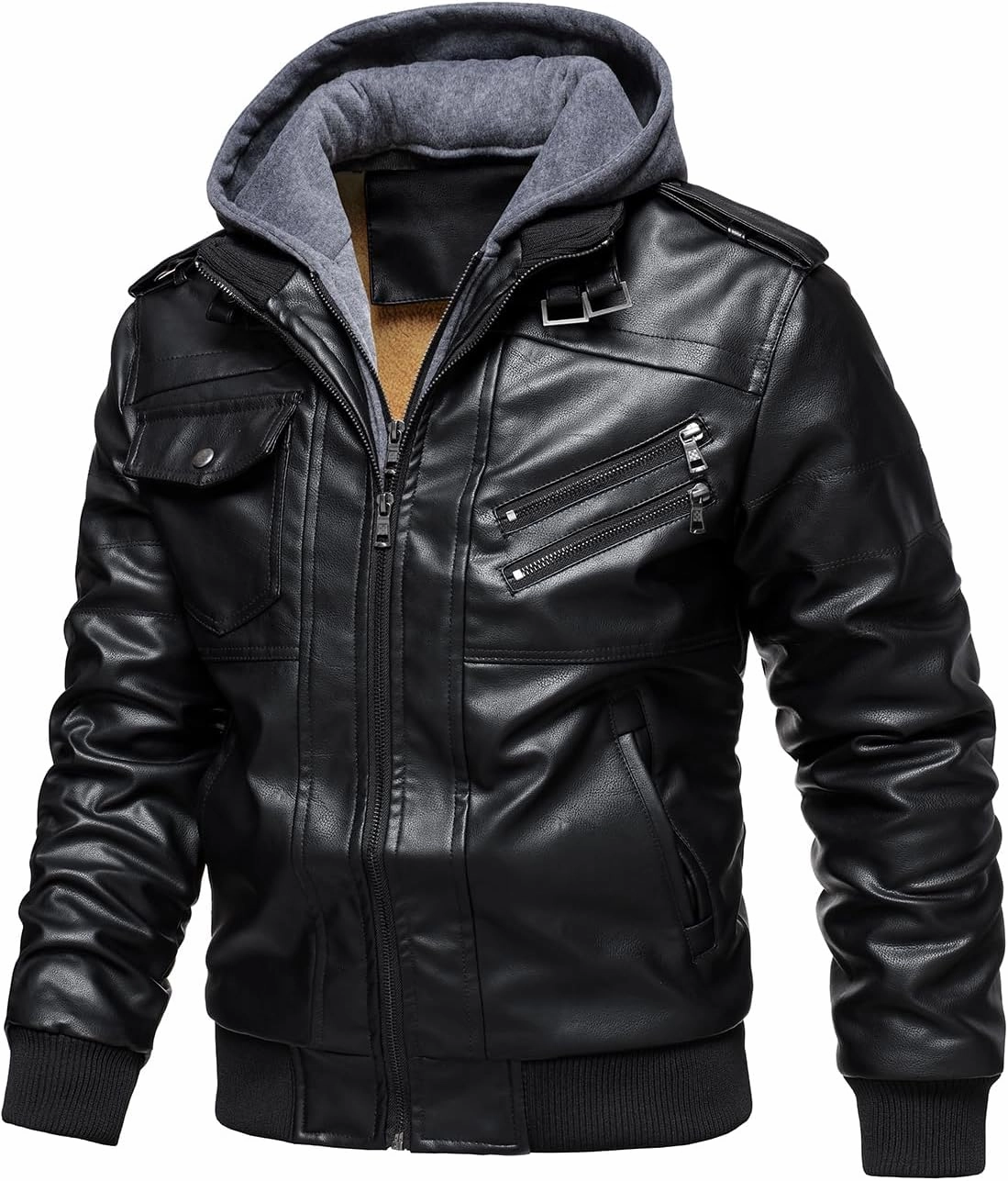HOOD CREW Men’s Casual Stand Collar PU Faux Leather Zip-Up Motorcycle Bomber Jacket With a Removable Hood