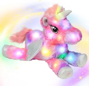Hopearl Colorful LED Plush Unicorn Lighting Up Stuffed Animal Floppy Night Lights Glow in The Dark Birthday Festival for Kids Toddler Girls, Rainbow, 16''