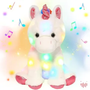 Hopearl LED Musical Stuffed Unicorn Lighting Up Singing Plush Toy Adjustable Volume Lullaby Animated Soothe Birthday Festival for Kids Toddler Girls, White, 13''