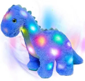 Hopearl LED Plush Dinosaur Light up Stuffed Diplodocus Animal with Long Neck Night Lights Glow in The Dark Birthday Gifts for Kids Toddler Girls, Blue, 16''