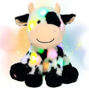 Hopearl LED Plush Smile Cow Light up Stuffed Animal Diary Cattle Floppy Night Lights Glow in The Dark Birthday Festival for Kids Toddler Girls, 11''