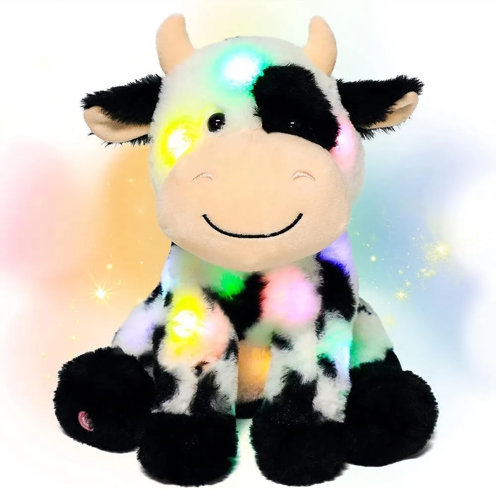 Hopearl LED Plush Smile Cow Light up Stuffed Animal Diary Cattle Floppy Night Lights Glow in The Dark Birthday Festival for Kids Toddler Girls, 11''