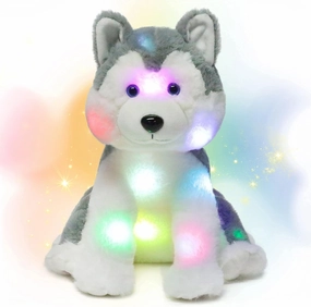 Hopearl LED Plush Husky Lighting Up Stuffed Animal Dog Floppy Puppy Night Lights Glow in The Dark Birthday Festival for Kids Toddler Girls, Gray, 12''