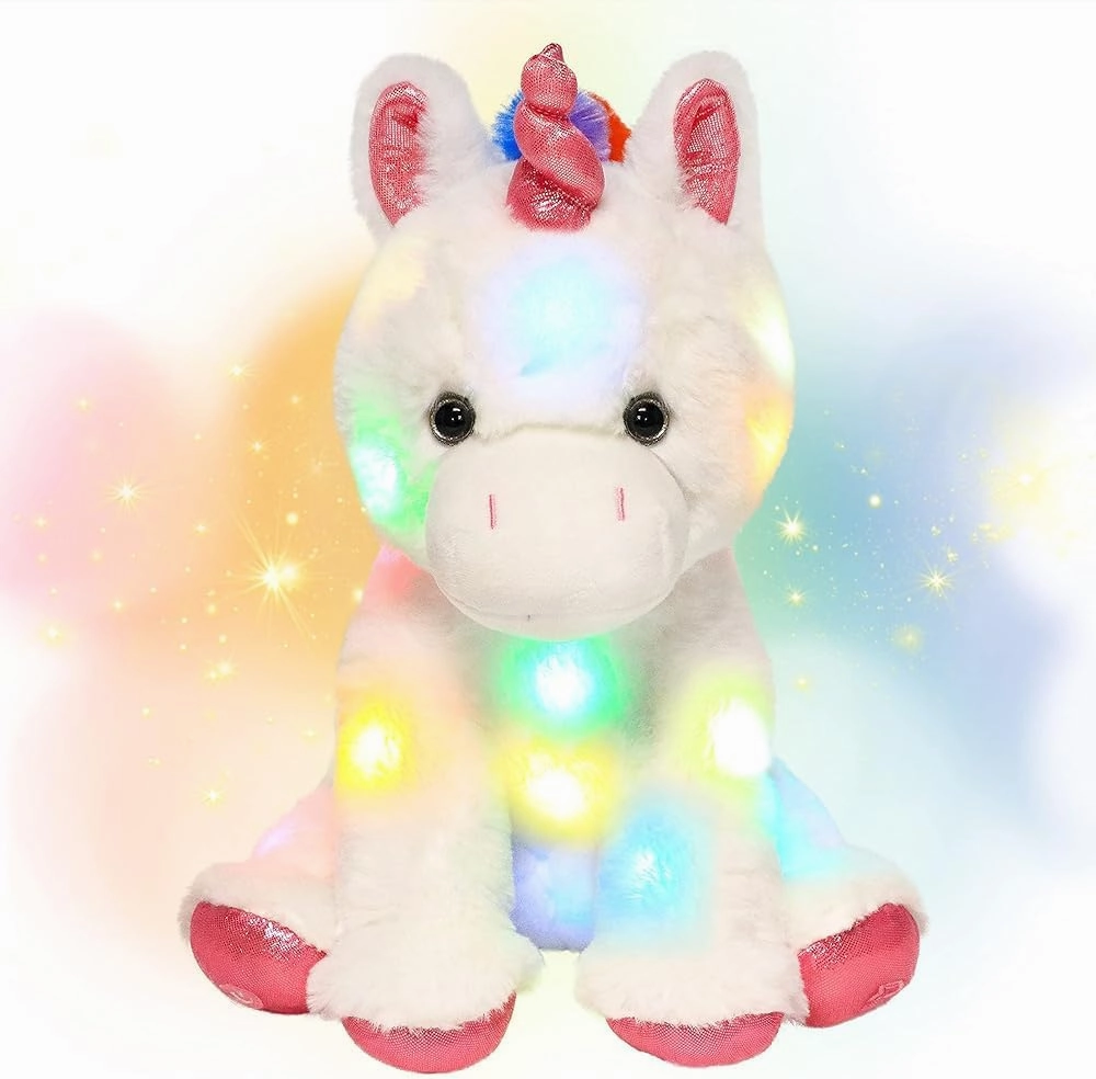 Hopearl LED Plush Unicorn Light up Stuffed Animal Floppy Night Lights Glow in The Dark Birthday Festival for Kids Toddler Girls, White, 13''