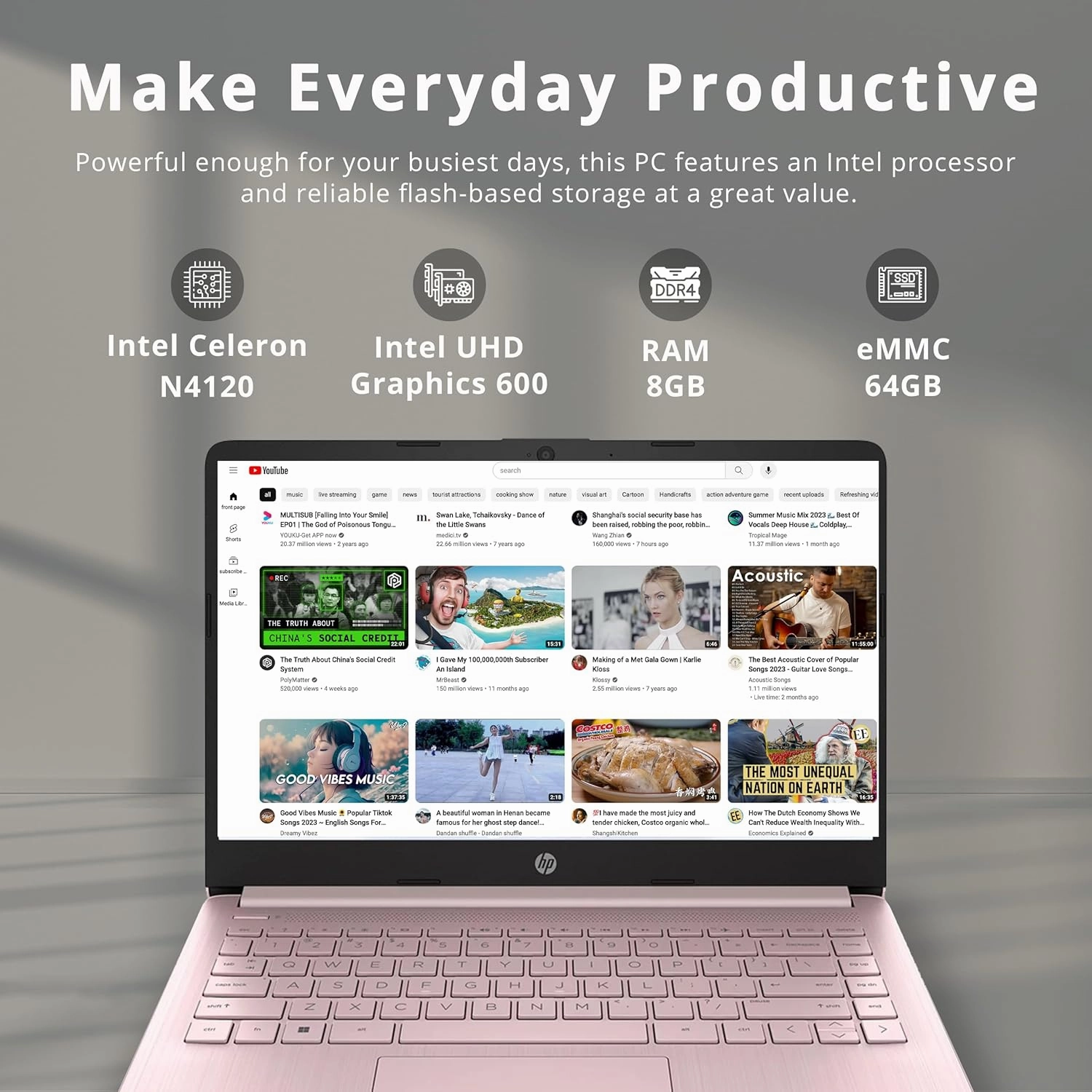 HP Premium 14" Stream HD Laptop, Intel Celeron N4120 CPU, 8GB RAM, 64GB eMMC, Webcam, Intel UHD Graphics, 1 Year Office, Bluetooth, WiFi, HDMI, Windows 11s, Pink, 32GB Hotface USB Card (Renewed)