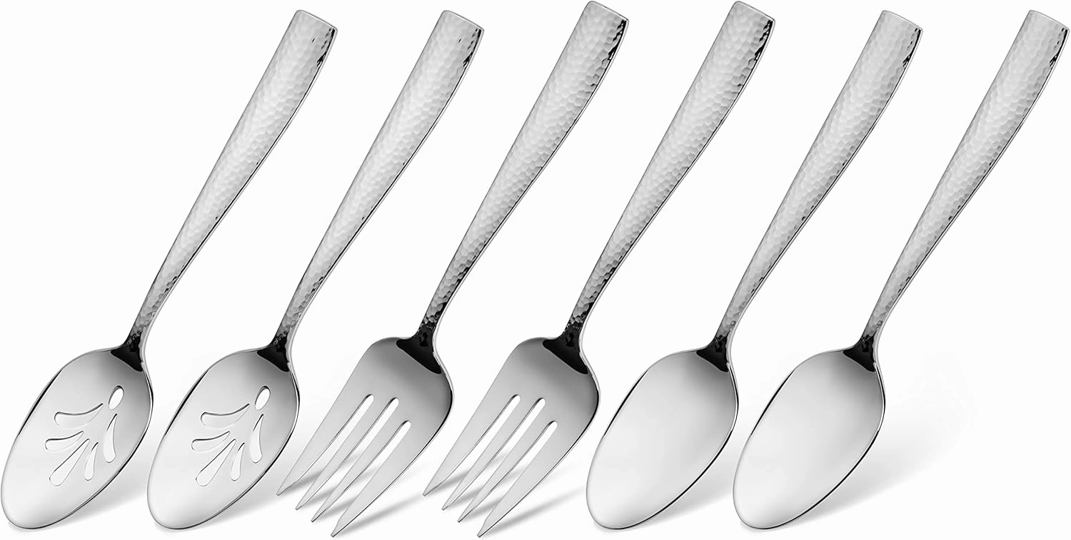Hudson Essentials 9-Piece Hammered 18/10 Stainless Steel Silverware Serving Spoons and Forks Set - Hostess Buffet Flatware Utensils