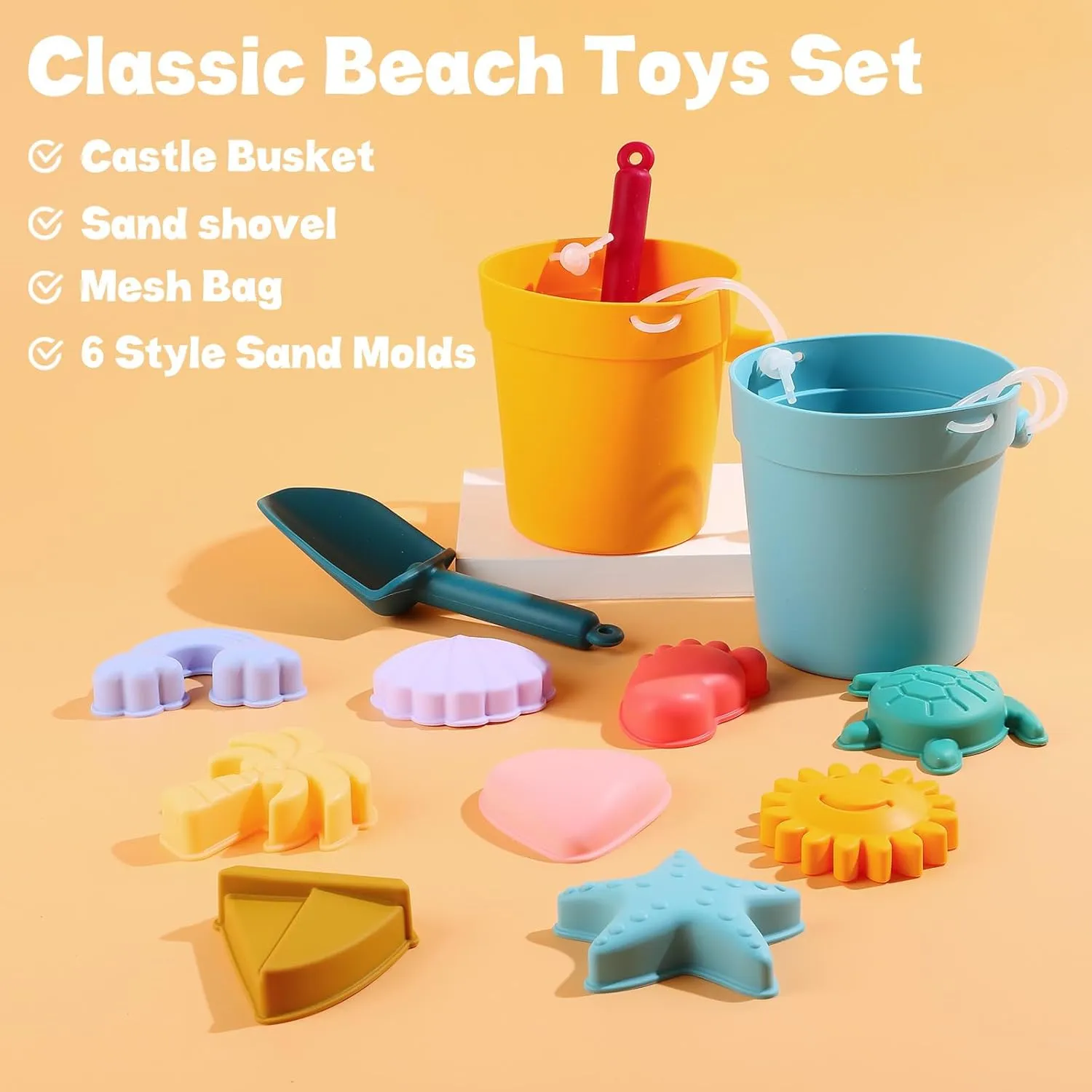 Hungdao 14 Pcs Silicone Beach Toys Travel Beach Set Sand Toys Include 2 Silicone Bucket Pail, 2 Shovel, 9 Sand Molds, 1 Beach Bag for Boys Girls Summer Pool Outdoor Bath Toys (Dark Green, Ginger)