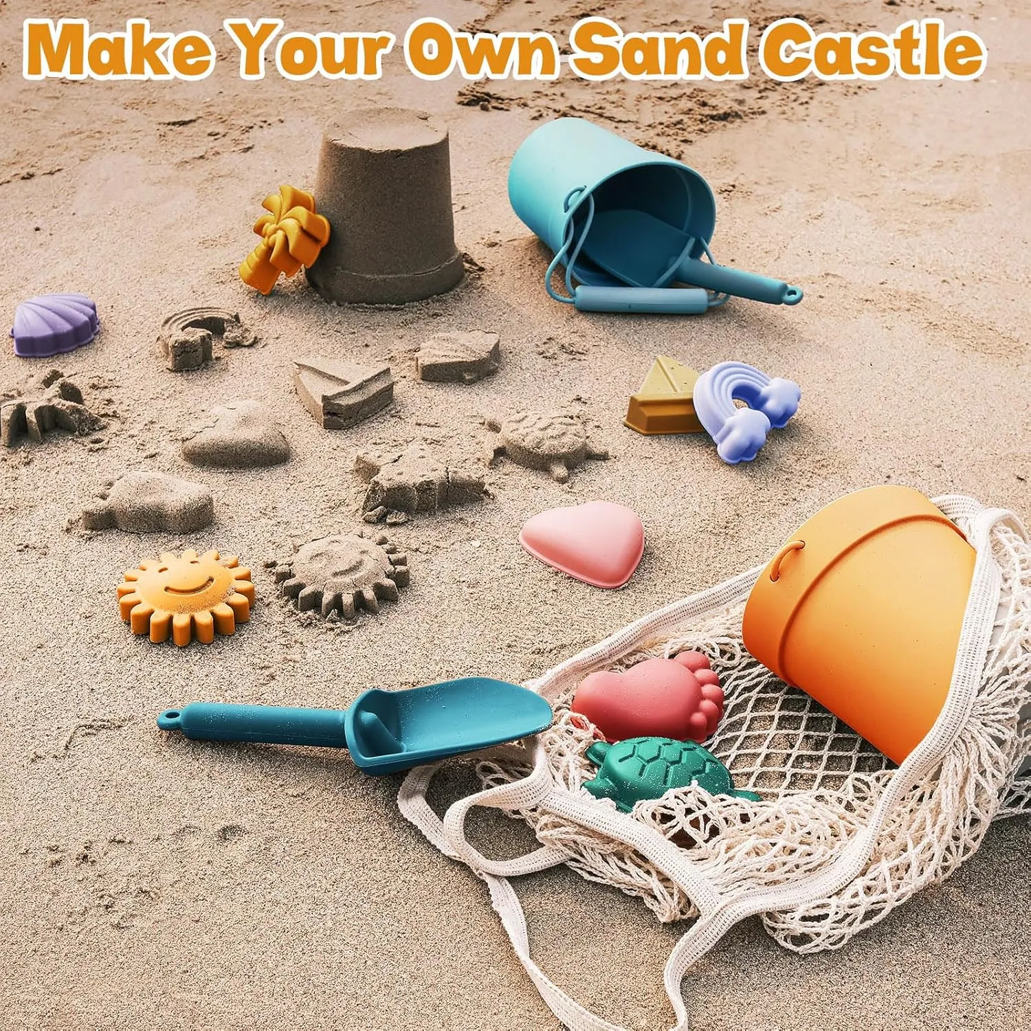 Hungdao 14 Pcs Silicone Beach Toys Travel Beach Set Sand Toys Include 2 Silicone Bucket Pail, 2 Shovel, 9 Sand Molds, 1 Beach Bag for Boys Girls Summer Pool Outdoor Bath Toys (Dark Green, Ginger)
